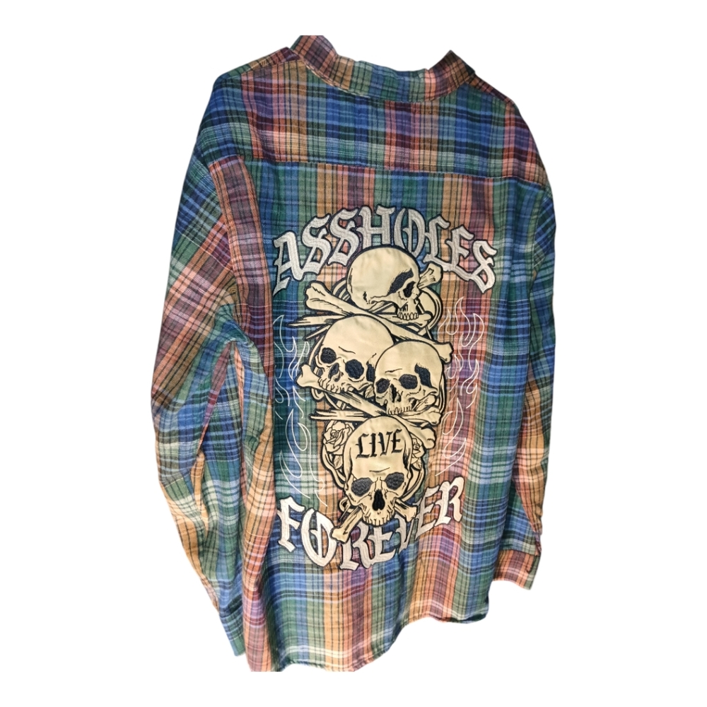 NWOT A$$HOLES LIVE FOREVER Long Sleeve Plaid Skulls Flannel